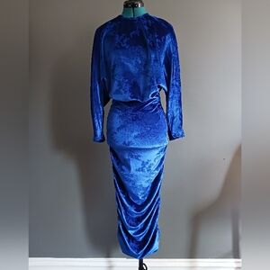 NWT Mima Rosso Embroidery Print Velvet Ruched Dress Size M, Royal Blu